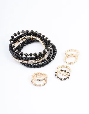 Black Mixed Bead Diamante Bracelet & Ring Set