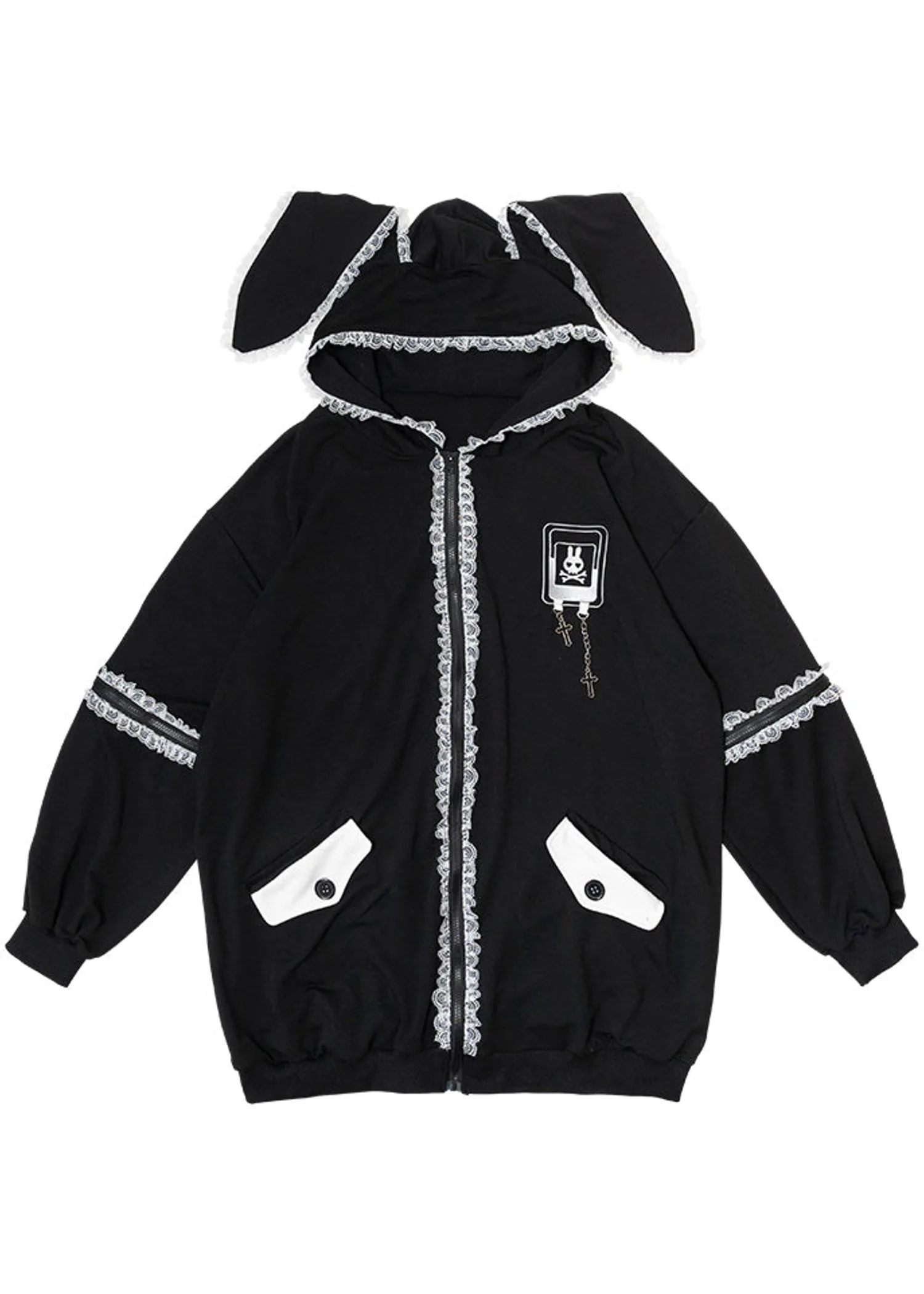 Bunny Dolls Punky Bunny Usamimi Black White Oversized Zip Hoodie