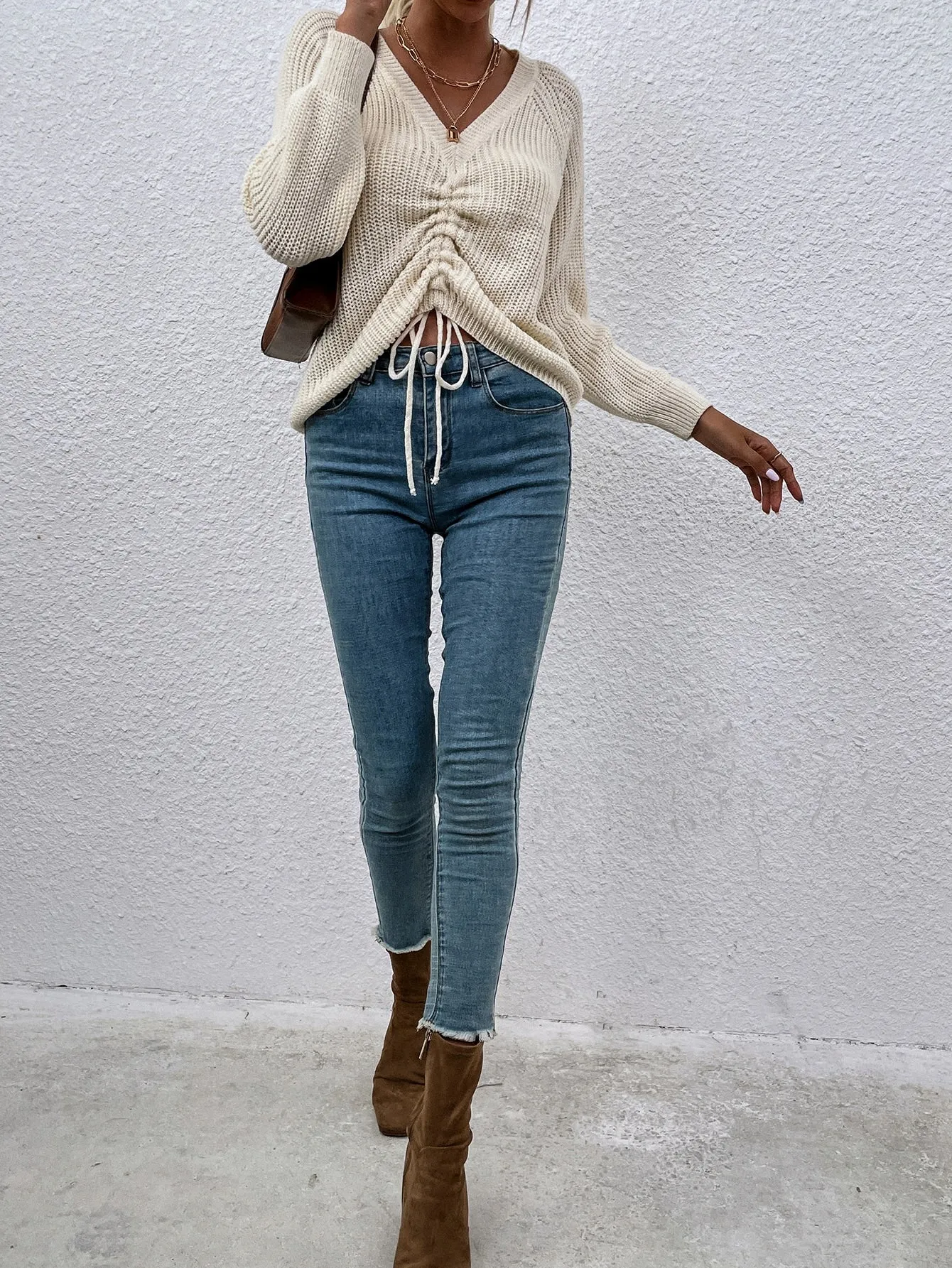 Casual Plain Drawstring Long Sleeve V Neck Regular Women Sweater