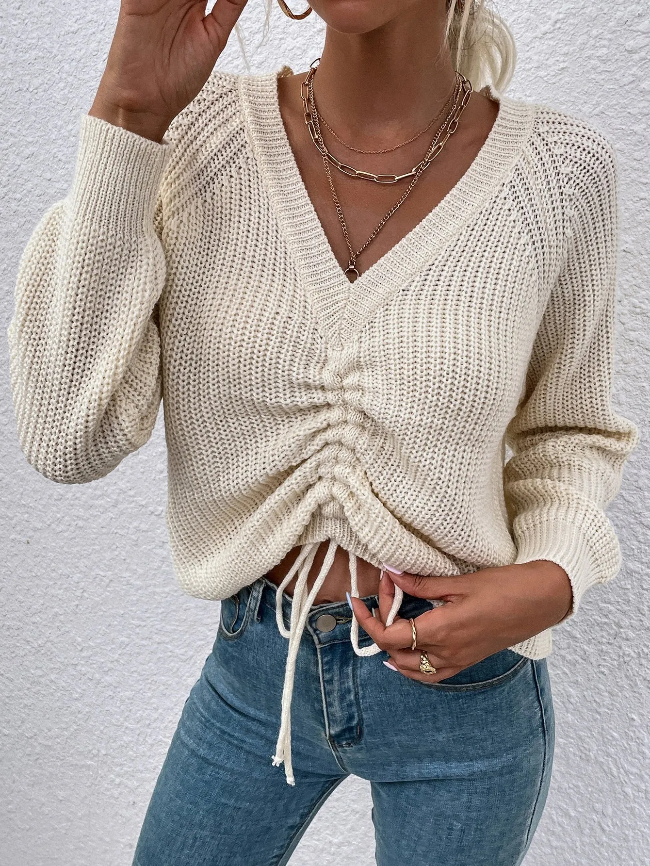 Casual Plain Drawstring Long Sleeve V Neck Regular Women Sweater