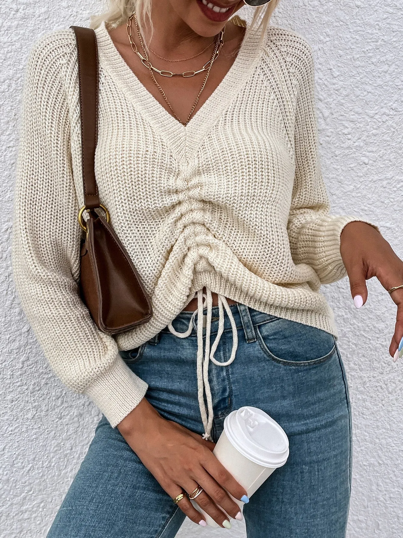 Casual Plain Drawstring Long Sleeve V Neck Regular Women Sweater