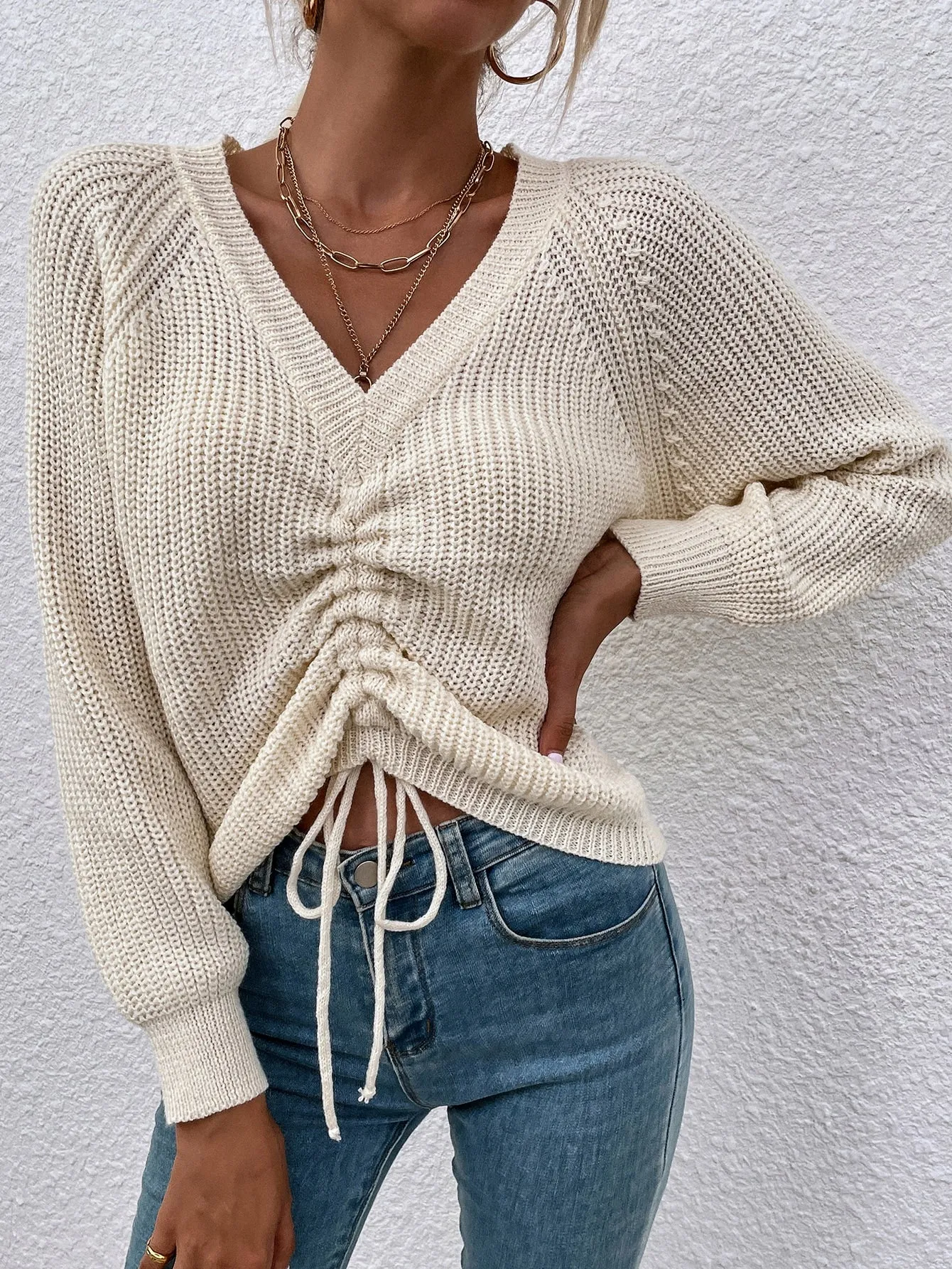 Casual Plain Drawstring Long Sleeve V Neck Regular Women Sweater