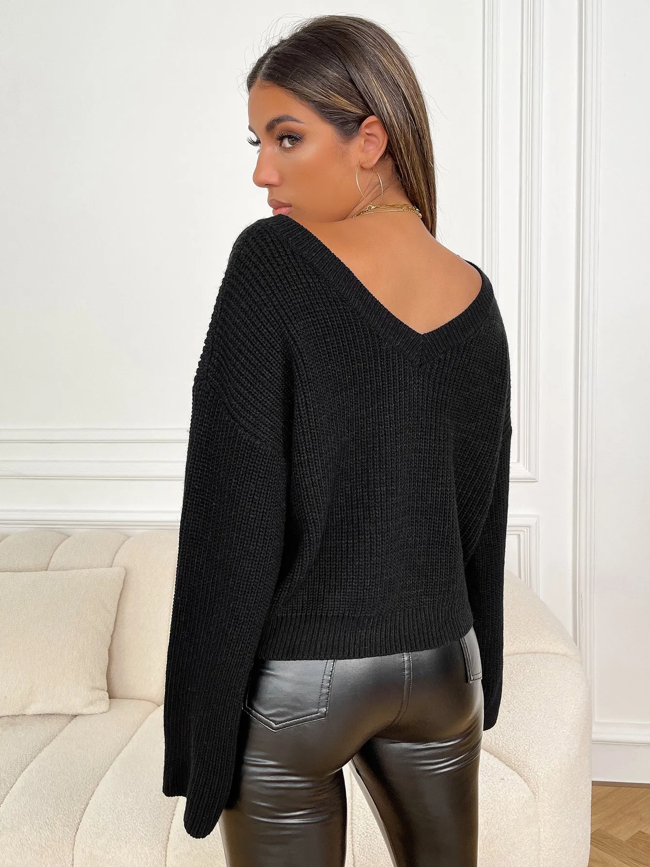 Casual Plain Rib-Knit Long Sleeve V Neck Regular Women Sweater