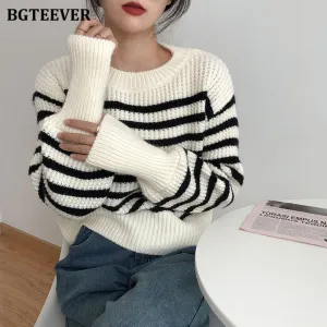 Christmas Gift Joskaa Casual O-neck Loose Women Striped Sweaters Pullovers Autumn Winter Full Sleeve Ladies Knitted Tops Jumpers 2024