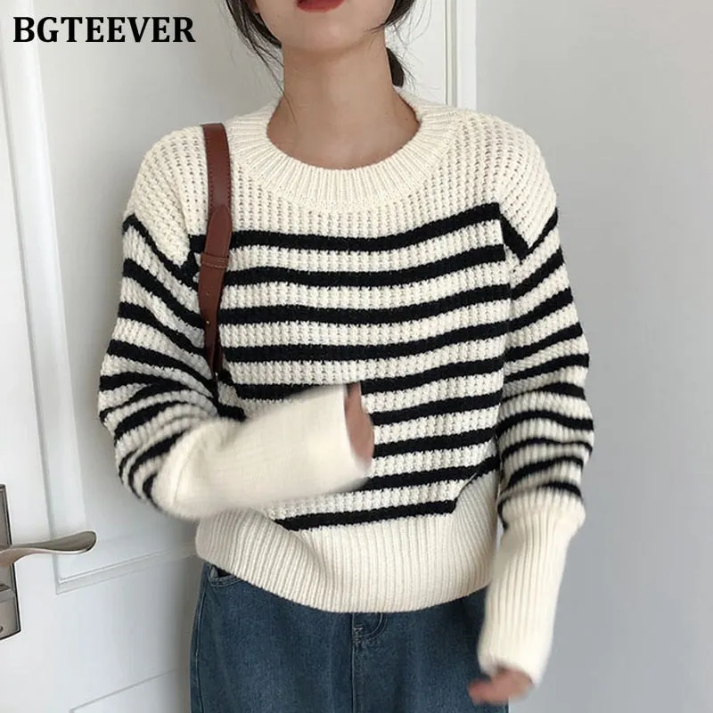 Christmas Gift Joskaa Casual O-neck Loose Women Striped Sweaters Pullovers Autumn Winter Full Sleeve Ladies Knitted Tops Jumpers 2024