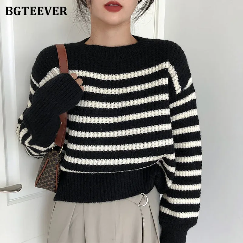 Christmas Gift Joskaa Casual O-neck Loose Women Striped Sweaters Pullovers Autumn Winter Full Sleeve Ladies Knitted Tops Jumpers 2024