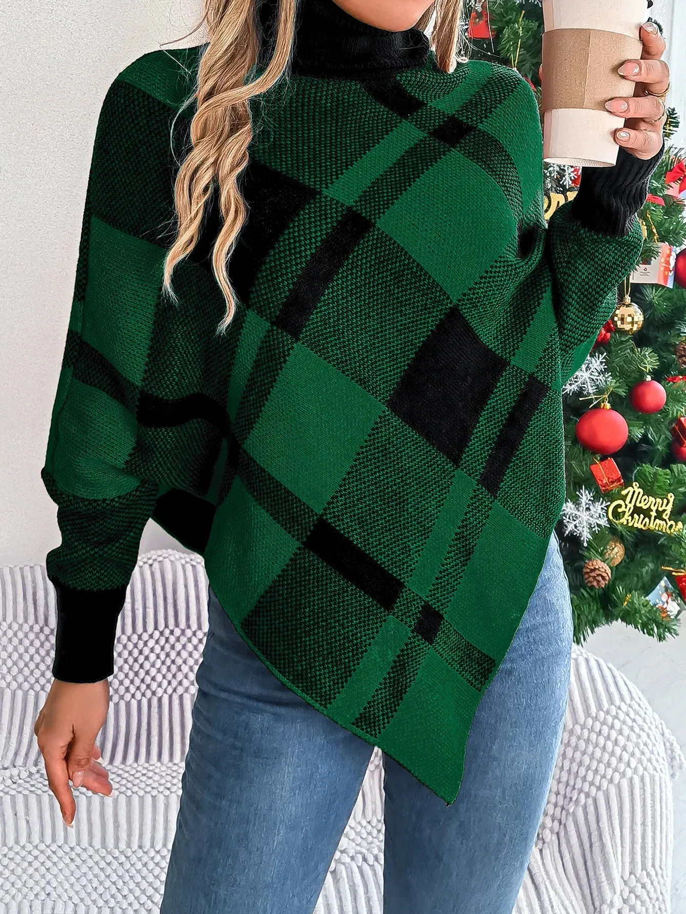 Elegant Casual Color Contrasting High Collar Long Sleeve Christmas Sweater