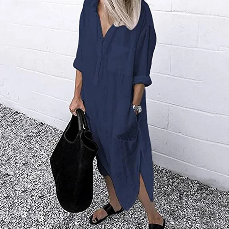 Elegant Solid Color Slit Shirt Dress