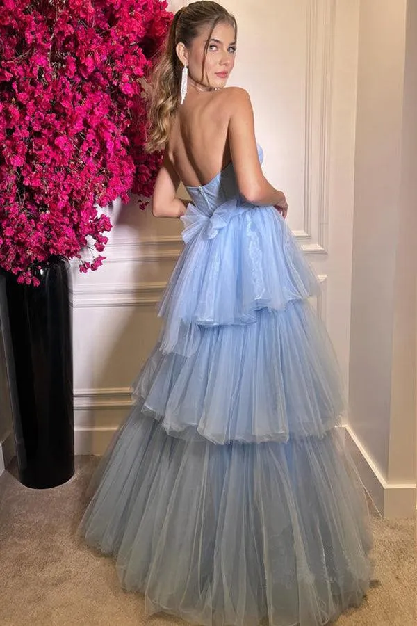 Elegant Tiered Tulle Sweetheart Neckline A-line Long Prom Dresses PSK390