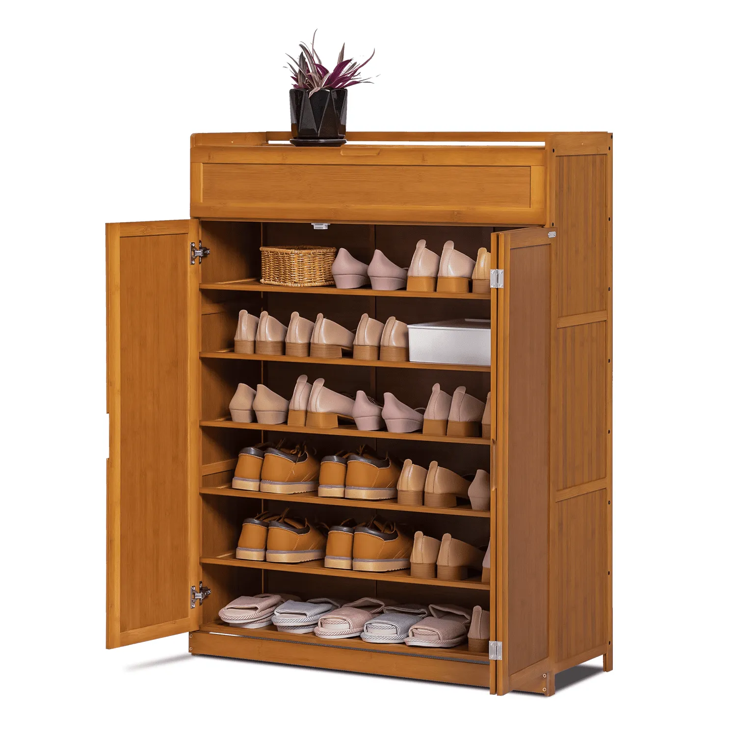 everyday Bamboo 7 Tier Organizer Cabinet with Folding Door, 35 Pairs of Shoes Rack, Brown, for Home