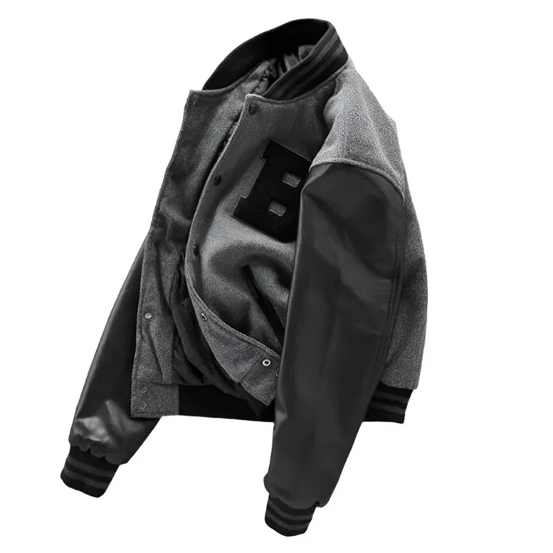 Grey Leather Sleeve Varsity Bomber Jacket