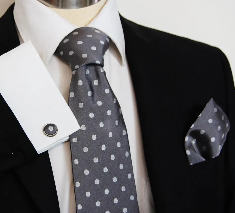 Grey with Silver Polka Dots Silk Tie and Accessories