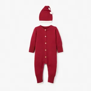 Holiday Baby One Piece Knit | Red Santa Baby Jumpsuit with Hat | Elegant Baby