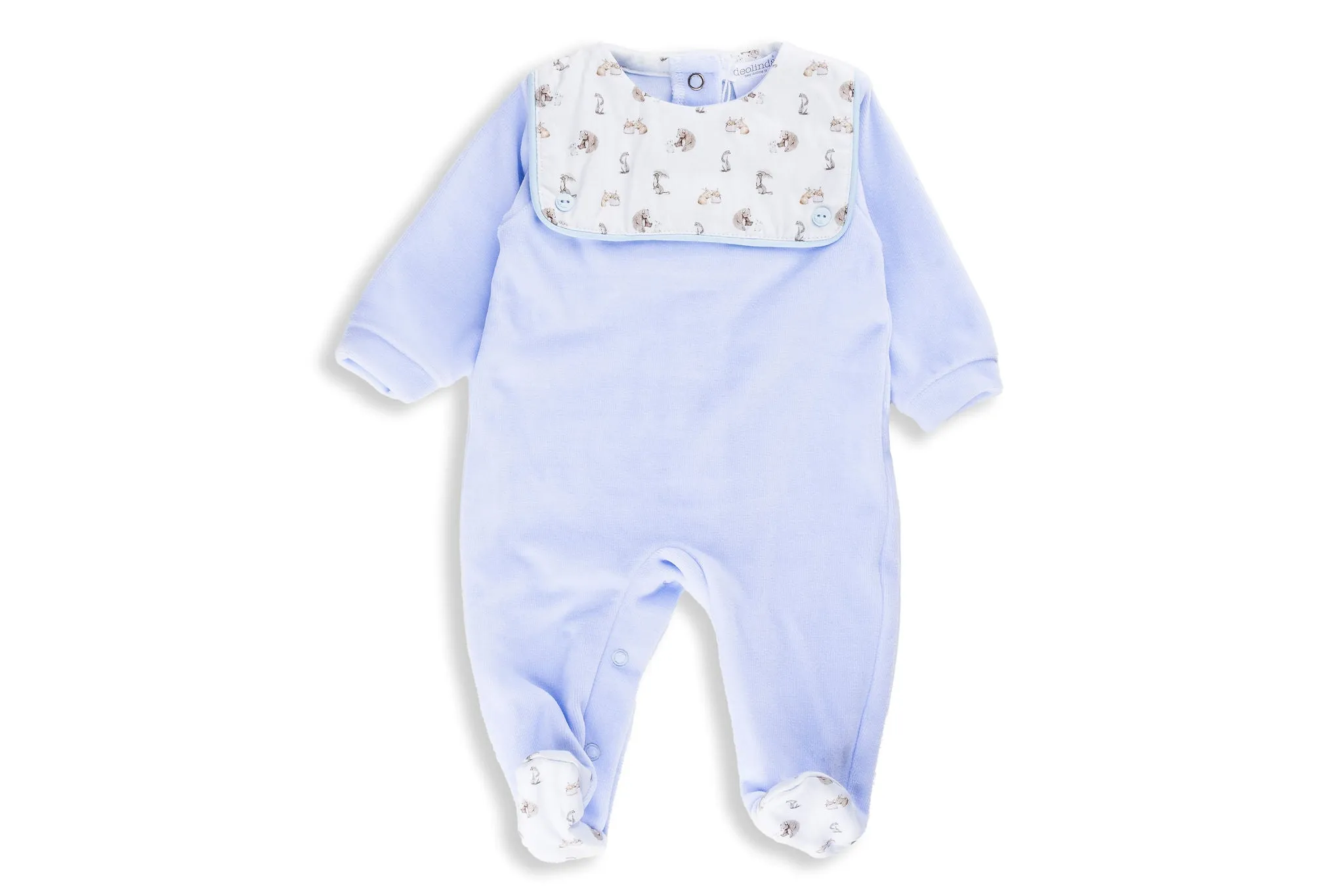 Ivory and Light Blue Velour Zoo Footed Romper