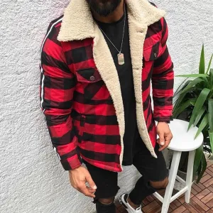 Men's Fashion Jackets Warm Winter Plaid Compound Cardigan Casual Long Sleeve Blouse Plush Tops Coat Overcoat Streetwear #40