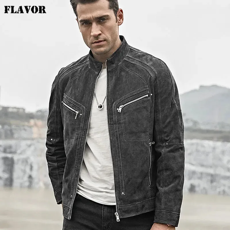 Men's Grey Pigskin Motorcycle Leather Jacket