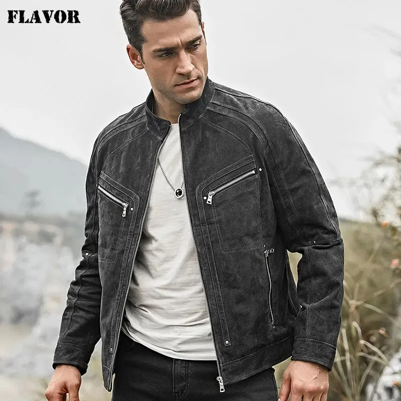 Men's Grey Pigskin Motorcycle Leather Jacket