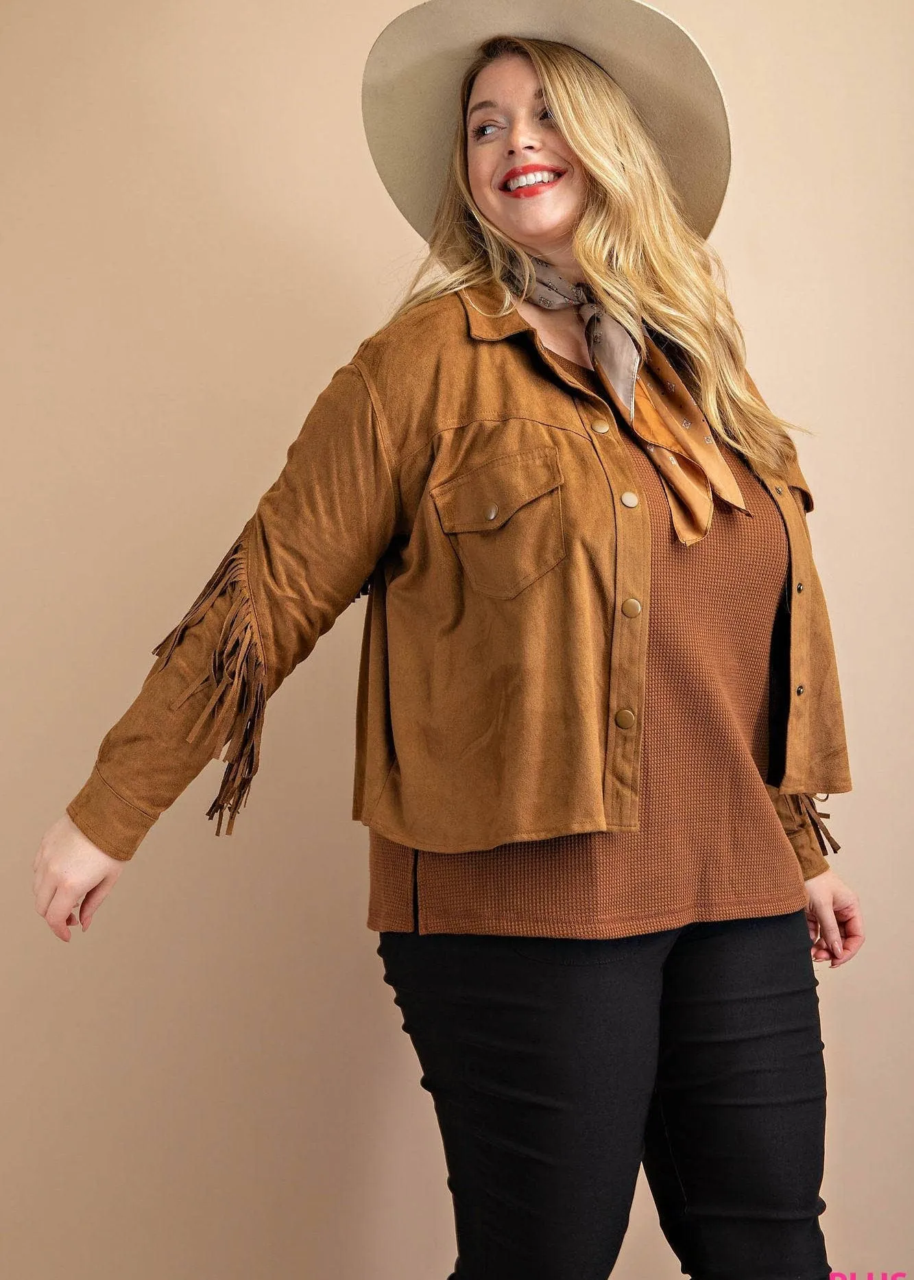 Plus Size Faux Suede Western Fringe Jacket