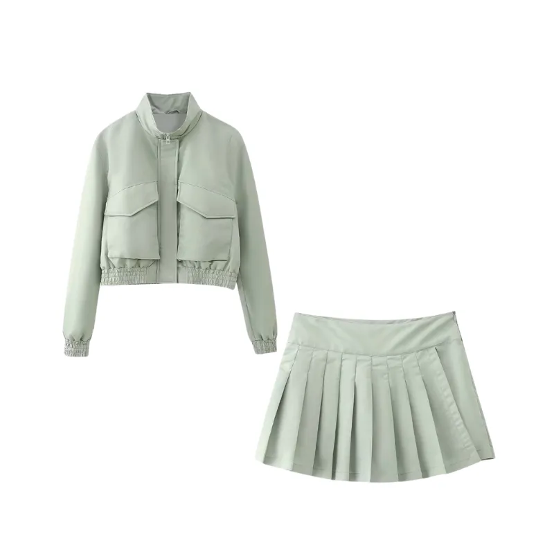 Pre Order: Solid Zipper Jacket   Skirt Set