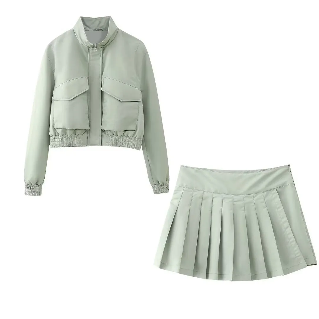 Pre Order: Solid Zipper Jacket   Skirt Set