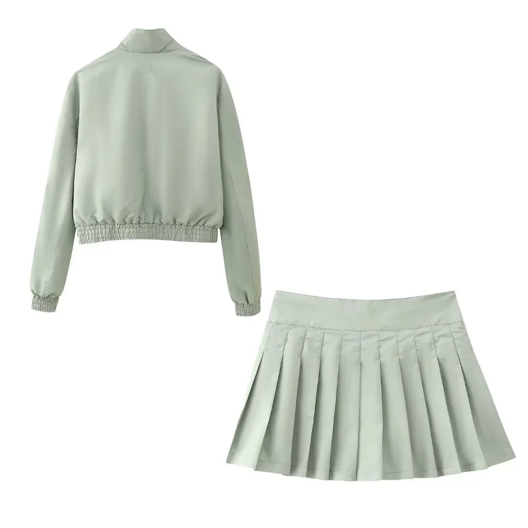 Pre Order: Solid Zipper Jacket   Skirt Set