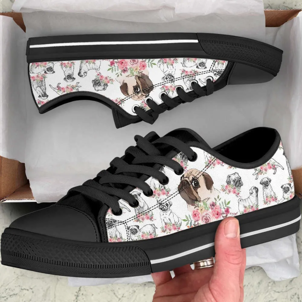 Pug Dog Watercolor Flower Low Top Shoes Canvas Sneakers Casual Shoes, Dog Printed Shoes, Canvas Shoes For Men, Women