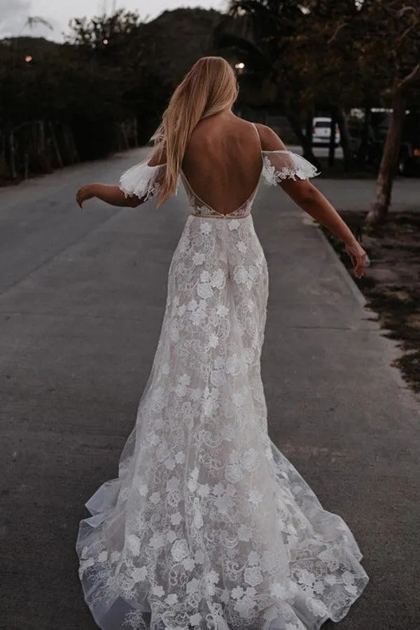 Romantic Spaghetti Straps Floral Lace Beach Wedding Dresses WD591