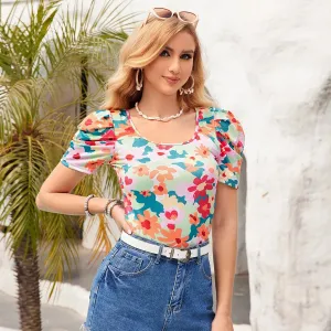 Summer Short Slim Fashionable Elegant Flower Colorful Print Neck Sleeved Square Top